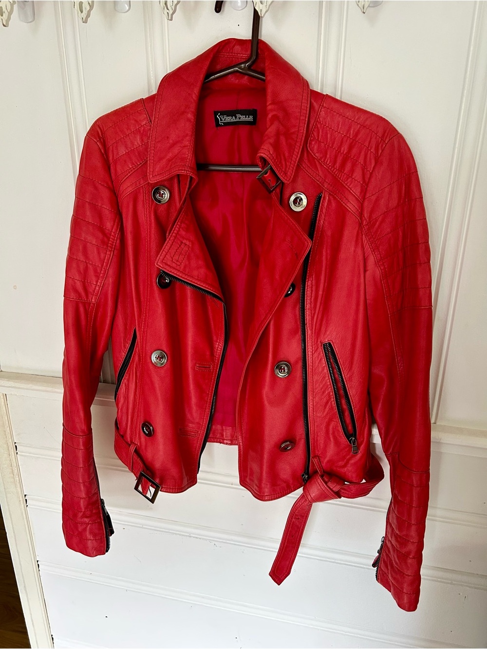 Vera Pelle Bold Red Quilted Leather Moto Jacket